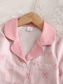 SHEIN 2pcs/Set Young Girls Pajamas, Lapel Cardigan Design, Bow Full Print, Long Sleeve, Long Pants, Woven Casual Loungewear Set - Baby Pink - View 5