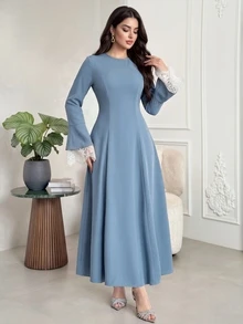 Feyla New Design Elegant Romantic Lace Patchwork Shawl Lace Elegant Waist-Cinching Slimming A-Line Banquet Dress - Blue - View 7