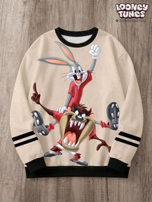 LOONEY TUNES X SHEIN Daypath 男士卡通印花圓領長袖休閒運動衫 - 卡其色 - 查看 3