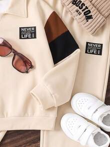 SHEIN Young Boy Sweatshirt Polo Collar Long Sleeve Pants Set, Suitable For Autumn/Winter, Classic Retro Color Block Pattern Print, Exquisite Text Pattern Logo Print - Multicolor - View 4