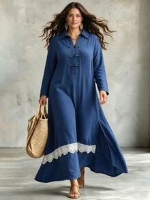 Linhara CURVE Fashion Casual French Vintage Elegant Commuter Blue Frog Button Lace Patchwork Dress - Blue - View 12
