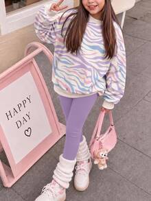 SHEIN 芋莓斑馬條紋鹽系馬卡龍色，軟甜夢幻少女風，女款休閒舒適抓絨內裡圓領套頭運動衫與刷毛內裡內搭褲套裝，適合秋冬日常穿著、外出、運動，復古甜美慵懶少女風，隨性時尚，歡慶假期，姊妹穿搭，新年新風尚 - 彩色 - 查看 2