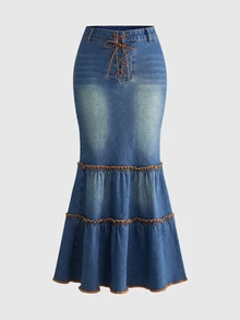 ROMWE Fairycore Women's Tie Design Ruched Fashion Versatile Mermaid Denim Skirt - Medium Wash - View 1