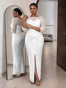 SHEIN Lady فستان دانتيل مثير بمقاس كبير مع عقدة أمامية وتجاعيد - أبيض - مشاهدة 3