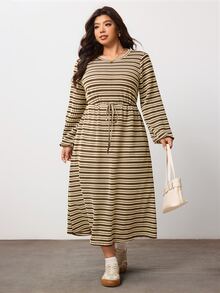 Enliva Plus-Size Women's Round Neck Striped Color-Block Casual Everyday Dress Apple,Rounded Body - Multicolor - View 4