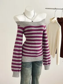 Elamini Women's Autumn/Winter Off-Shoulder Striped Fitted Long Sleeve Sweater - Dusty Purple - View 5