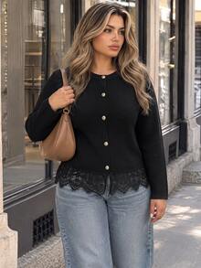 Vionelle Plus Size Round Neck Knit Cardigan Women, Hemline Patchwork Eyelash Lace 2 In 1 Long Sleeve Sweater Jacket, Spring/Autumn - Black - View 5