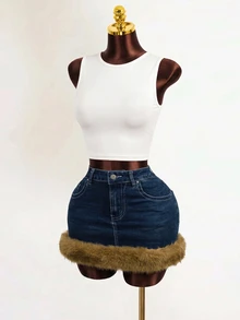 Mistrie Women's Plush Patchwork Fashion Versatile Denim Mini Skirt - Blue - View 4