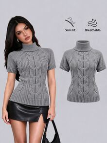 Sweetra Grey Cable Knit High Neck Short Sleeve Top - Grey - View 1