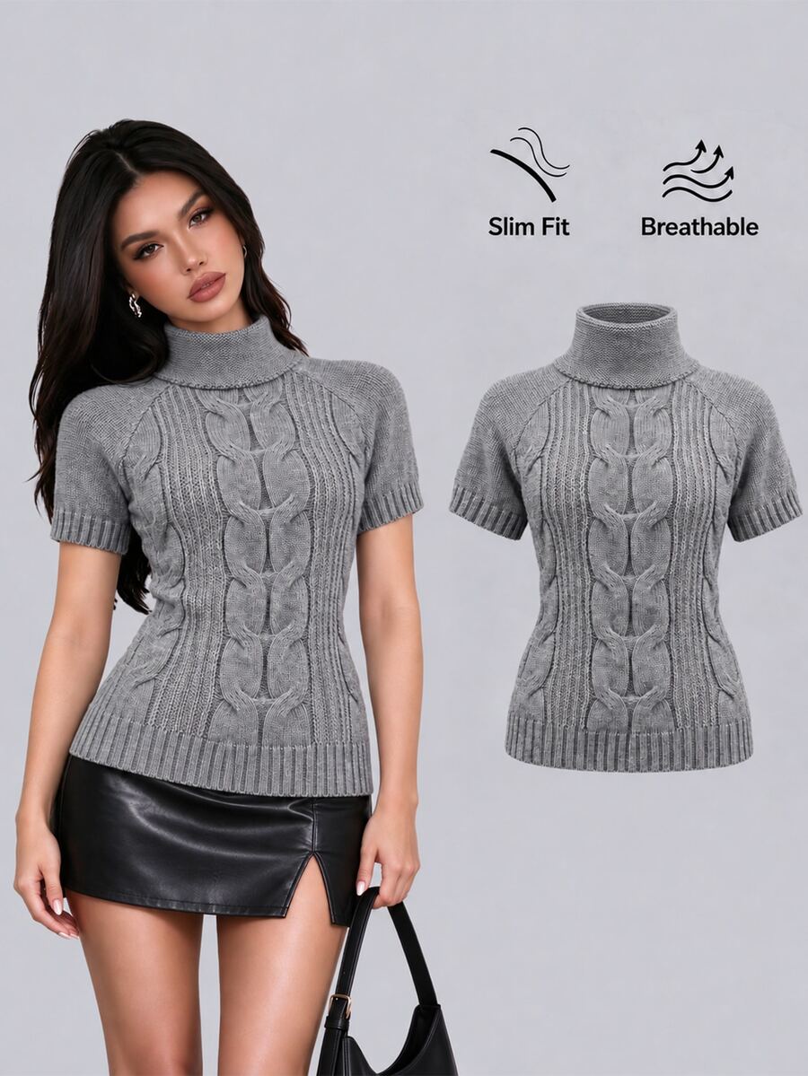 Sweetra Grey Cable Knit High Neck Short Sleeve Top - Grey - View 1