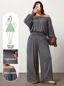 Enliva Plus Size Women's Autumn Casual Everyday Comfortable Off-Shoulder T-Shirt Set Apple,Rounded Body - Grey - View 5