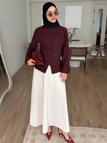 Solavon ملابس علوية علوية بتصميم عتيق جديد محبوكة بنقشة جاكار مع أزرار وتصميم ضيق للخصر - أخضر - مشاهدة 6