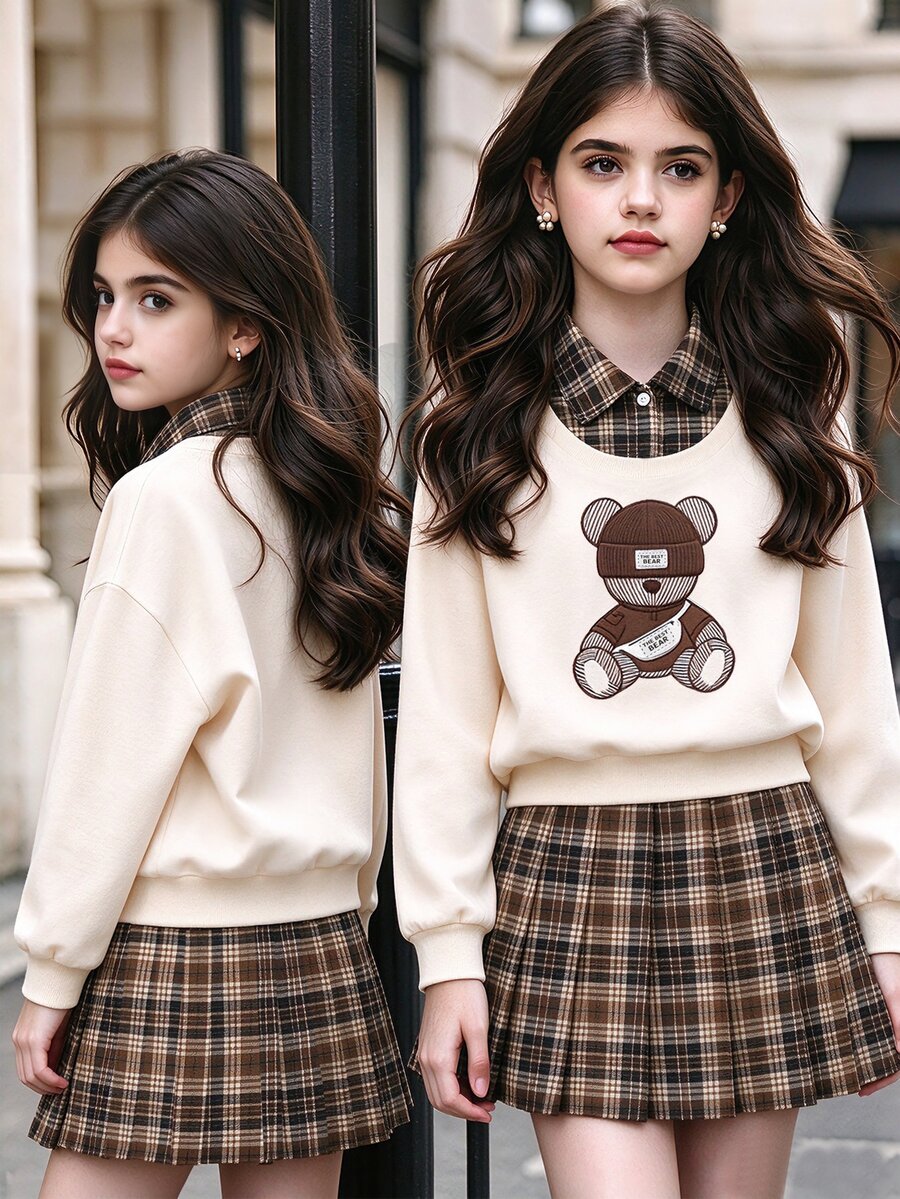 SHEIN Tween Girls Fall Tops 2pcs Set T-Shirt Co-Ords,Vintage,Loose, Knit, Casual, Fall, Holiday Outfits, Comfortable - Apricot - View 1