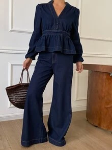 DAZY Women's V-Neck Ruffle Hem Top And Long Pants Casual Denim Set - Blue - View 1