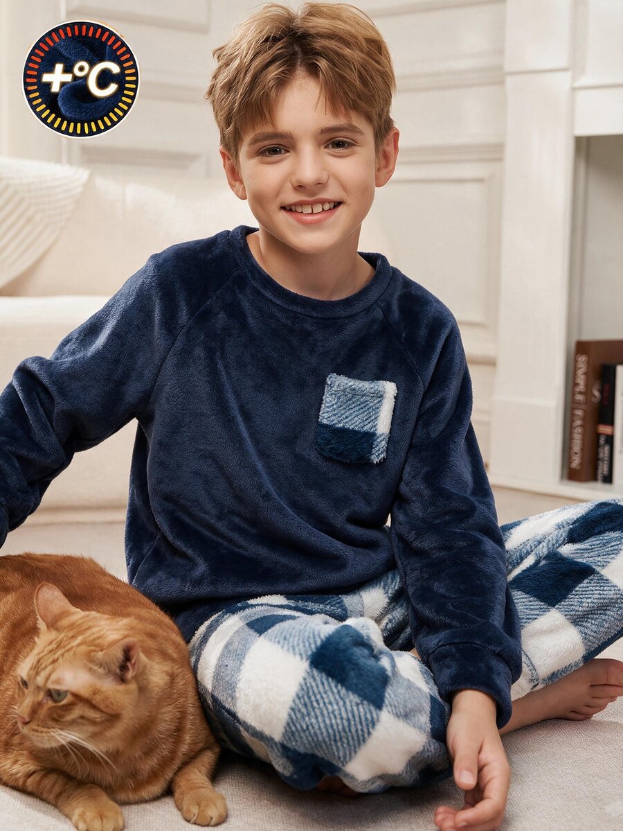 SHEIN Tween Boy Crew Neck Kids Long Sleeve Autumn Winter Top And Plaid Long Pants Casual Daily Sleepwear Set - Blue - View 1