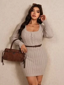 Elaquor فستان صوفي محبوك بكابلات مع أزرار وفتحة نصفية للمقاسات الكبيرة - أبيض - مشاهدة 3