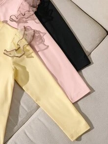 SHEIN 3件組女童秋冬荷葉袖針織刺繡愛心長袖T恤 開學季 黑色 嬰兒粉 白色 仙女風 - 彩色 - 查看 5
