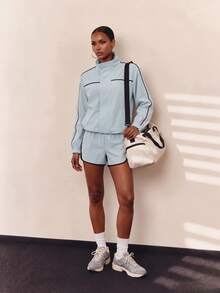 Zivah Women's Colorblock Long Sleeve Top And Shorts Casual Daily Sportswear Set - Blue - View 5