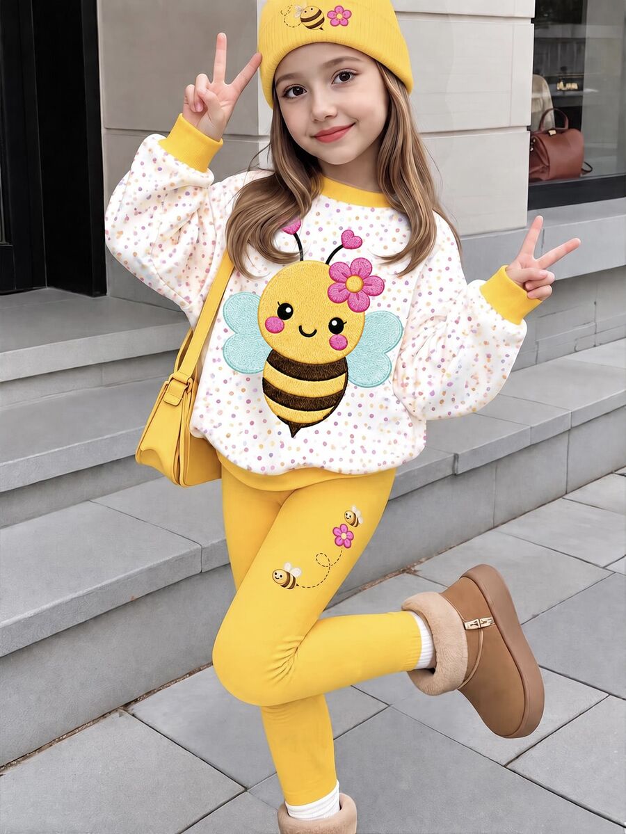 1套女童休閒個性化紫色與粉色條紋花卉印花圓領運動衫與紫色內搭褲套裝,適合四季外出穿著 - 彩色 - 查看 1