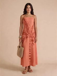 CAJUNI Chic Tropical Vacation Salmon Banana Tree Embroidery Long Dress - Coral Orange - View 6