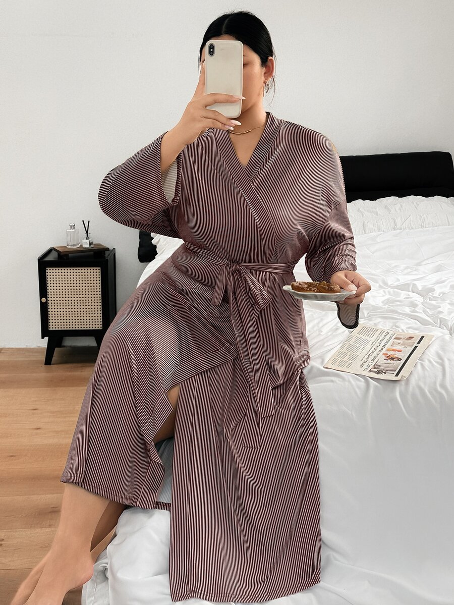 Napfluff CURVE Napfluff CURVE Plus Size Women Casual Knit Striped Cardigan Tie-Front Loungewear Robe - Brown - View 1