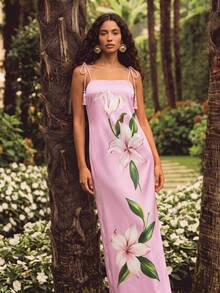 CAJUNI Long Cami Dress With Square Neckline, Delicate Summer Dress, Floral Print - Pink - View 6