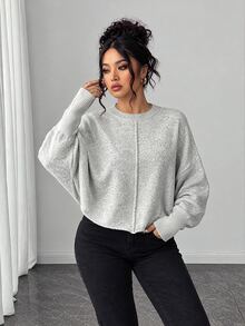 Elenzga Plus Size Women's Round Neck Loose Knit Pullover Sweater - Light Grey - View 4