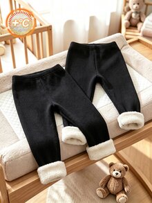 Baby Girls Solid Color Ribbed Knit Slim Fit Long Pants, Fleece Lined Thickened, Elastic Waist Soft Stretchy Casual Daily Bottom Trousers For Infant - Black - View 3