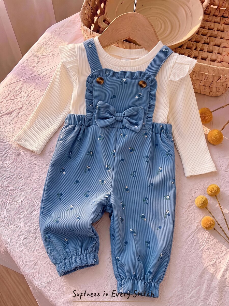 SHEIN Baby Girls Hoodie & T-Shirt Co-Ords, Knitted Ribbed Ruffle T-Shirt, Versatile Corduroy Blue Floral Bow Romper, 2 Pieces Set - Blue - View 1