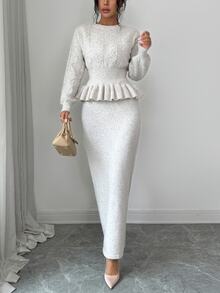 Elenzga Women's Autumn New Arrival Single Piece Round Neck Fitted Short Hem Ruffle Hem Rope Pattern Fashion Classic Personalized Elegant Elastic Waist Mid-Length Versatile Daily Commute Knit 2 Pieces Set - Beige - View 5