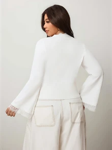Enliva Plus-Size Women's Sexy V-Neck Lace White Knit Top, Suitable For Commuting - White - View 2