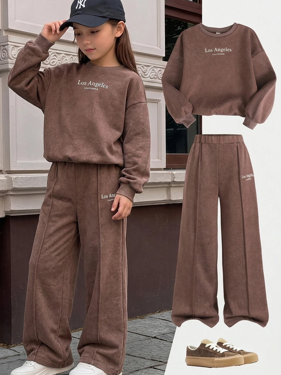 SHEIN 青少年女孩字母印花長袖衛衣與寬鬆長褲套裝 - 棕色 - 查看 1