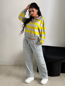Dewbera Dewbera Yellow Striped Knit Polo Collar Casual Loose 2 Pieces Set - Grey - View 4