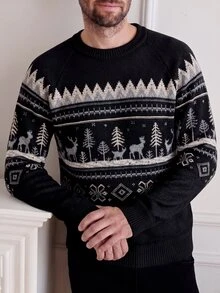 Manfinity Homme 男士圓領長袖套頭毛衣，費爾島針織秋冬服飾，米色寬鬆版型時尚百搭聖誕馴鹿提花插肩袖套頭毛衣 - 黑色 - 查看 3