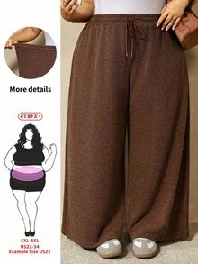 SHEIN CURVE+ Plus Size Women's Drawstring Waist Casual Versatile Everyday Travel Long Pants - Brown - View 1