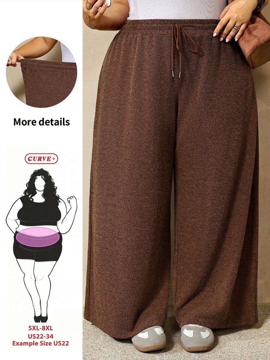 SHEIN CURVE+ Plus Size Women's Drawstring Waist Casual Versatile Everyday Travel Long Pants - Brown - View 1