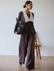 Dazy-Less Women's Striped Vest Jacket And Loose Pants 2 Pieces Set - Coffee Brown - View 5