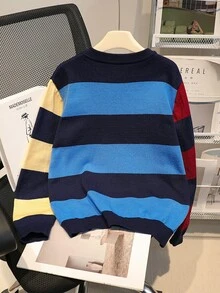 青少年男孩條紋圓領長袖休閒百搭毛衣 - 藏蓝色 - 查看 2