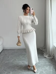 Elenzga Women's Autumn New Arrival Single Piece Round Neck Fitted Short Hem Ruffle Hem Rope Pattern Fashion Classic Personalized Elegant Elastic Waist Mid-Length Versatile Daily Commute Knit 2 Pieces Set - Beige - View 3