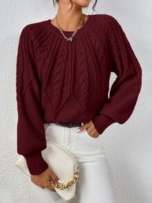 EMERY ROSE Cable Knit Lantern Sleeve Sweater,Long Sleeve Tops Knit Pullover Fall Winter - Burgundy - View 7
