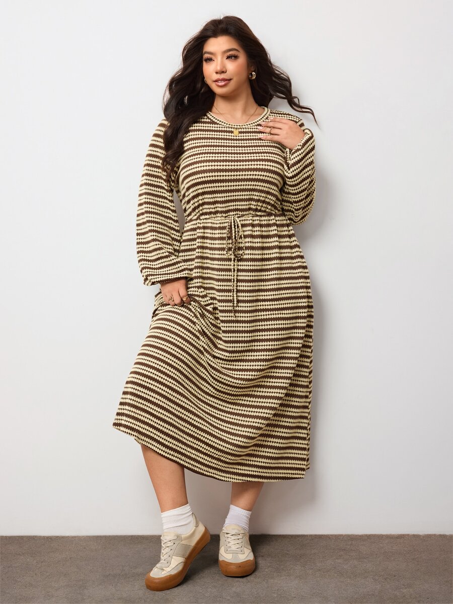 Enliva Plus-Size Women's Round Neck Striped Color-Block Casual Everyday Dress Apple,Rounded Body - Multicolor - View 1