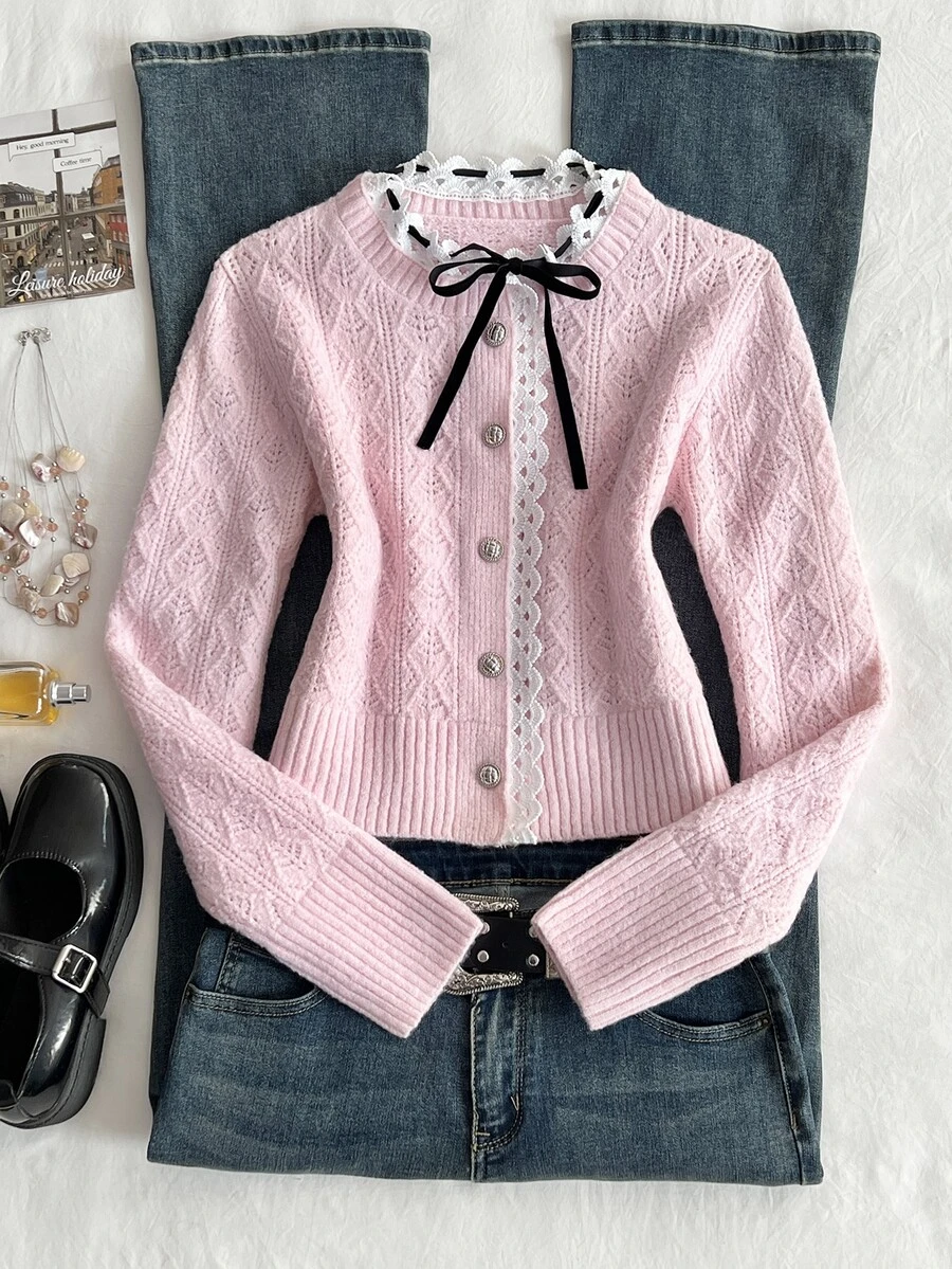Elamini Women's Autumn/Winter Long Sleeve Fitted Lace Tie Bow Knit Sweater - Pink - View 1