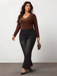 Enliva Plus Size Lace Trim V Neck Fitted Long Sleeve Top For Hourglass Body - Brown - View 5