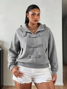 POPSWAY كنزة رياضية كاجوال نسائية مقاس كبير بلون موحد وأكمام طويلة وأكتاف منسدلة وسحاب شتوي - رمادي - مشاهدة 3