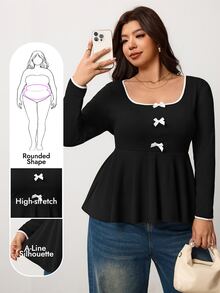 Enliva Plus Size Women's Color Block Collar Butterfly Decoration Long-Sleeve T-Shirt Apple,Rounded Body - Black and White - View 1