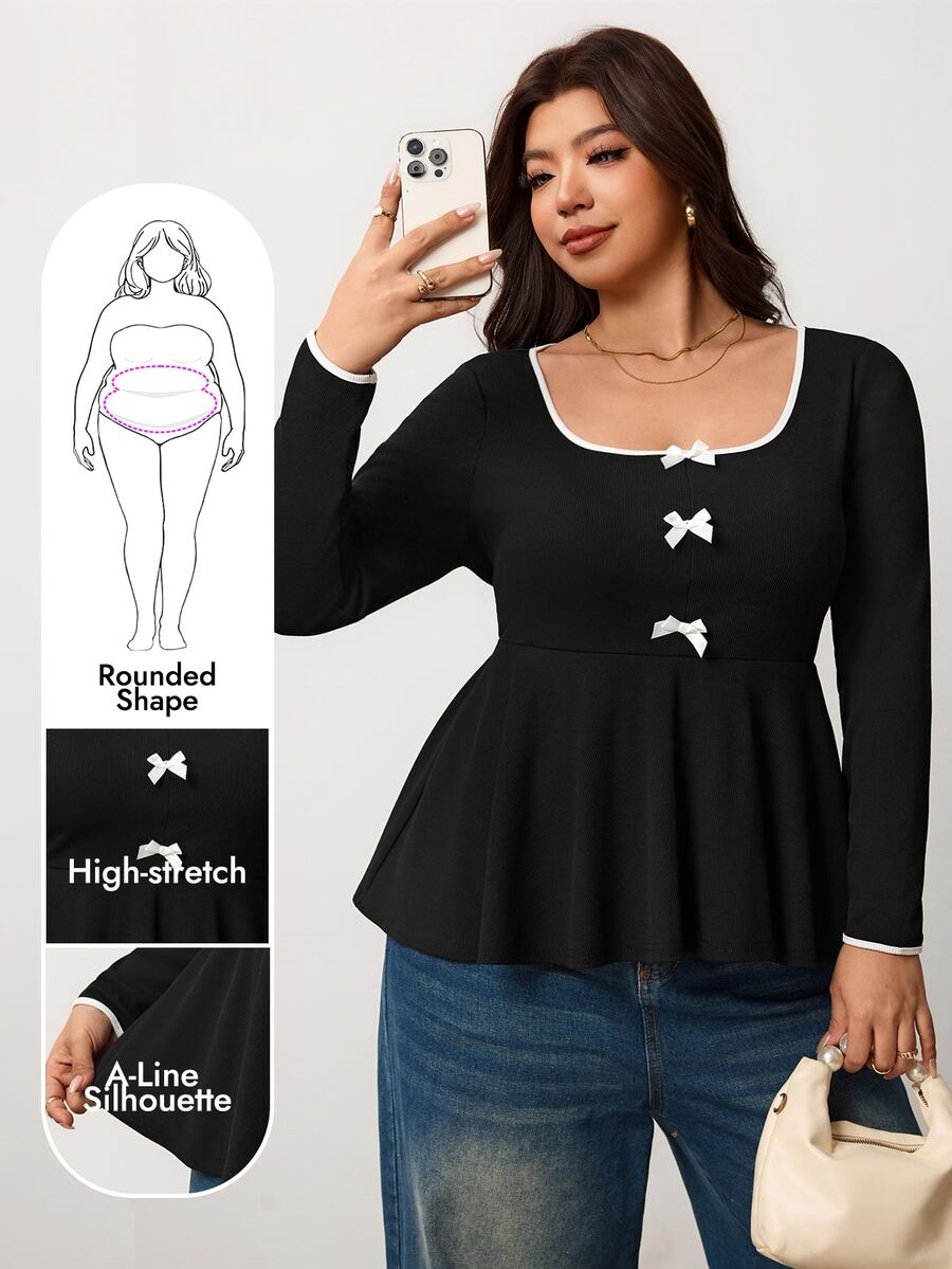 Enliva Plus Size Women's Color Block Collar Butterfly Decoration Long-Sleeve T-Shirt Apple,Rounded Body - Black and White - View 1