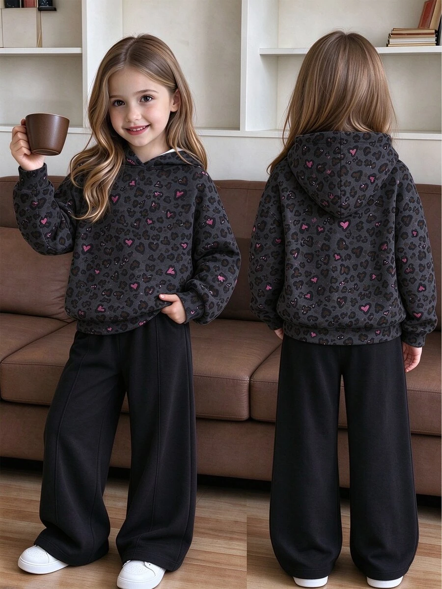 Young Girl Leopard Heart Graphic Hoodie & Wide Leg Pants Set, Brown Cozy Fleece (1 Set) Fall Winter - Multicolor - View 1