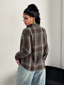 SHEIN BamGlam Women's Plaid Versatile Daily Casual Shirt - Brown - View 2
