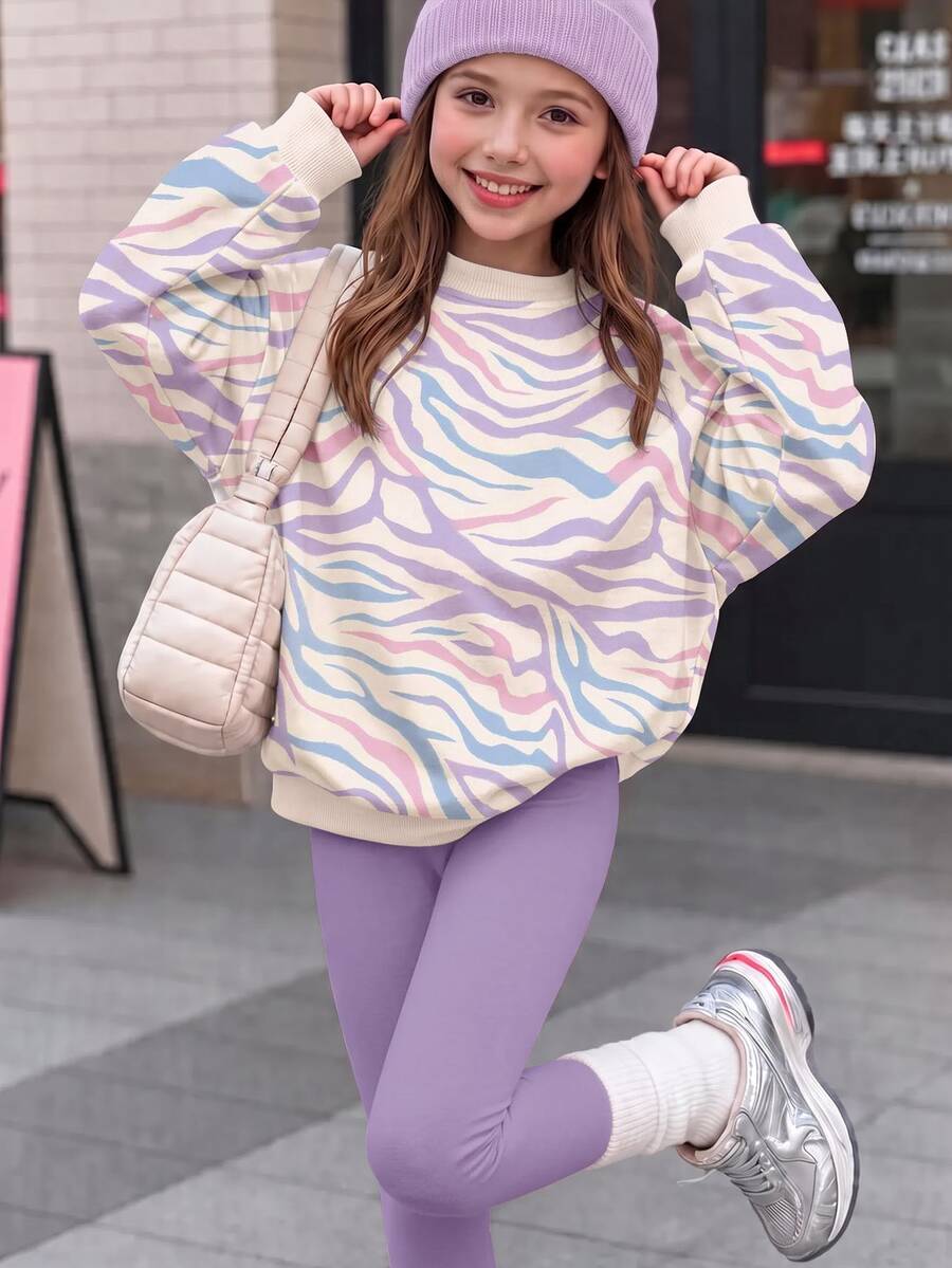 SHEIN 芋莓斑馬條紋鹽系馬卡龍色，軟甜夢幻少女風，女款休閒舒適抓絨內裡圓領套頭運動衫與刷毛內裡內搭褲套裝，適合秋冬日常穿著、外出、運動，復古甜美慵懶少女風，隨性時尚，歡慶假期，姊妹穿搭，新年新風尚 - 彩色 - 查看 1