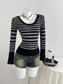 Elamini Women's Autumn/Winter Lazy Striped Fitted Long Sleeve Knit Top - Black - View 6